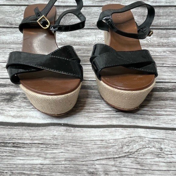 J. Crew Womens Patent Leather Canvas Wedge Sandals 7 Beige Black Made in Italy - Picture 5 of 13